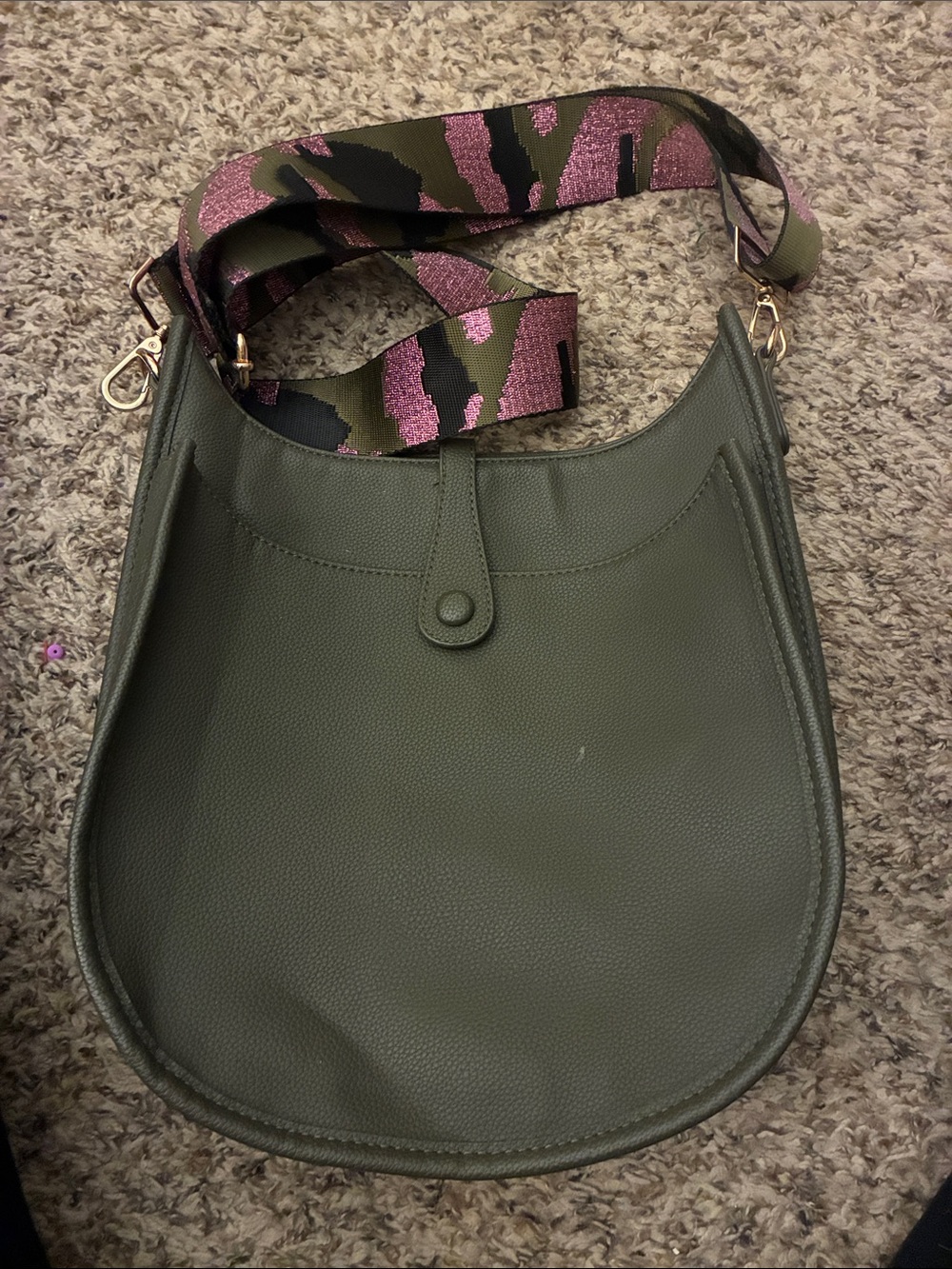 Olive Green Shoulder Bag with‎ Pink Accent Strap
